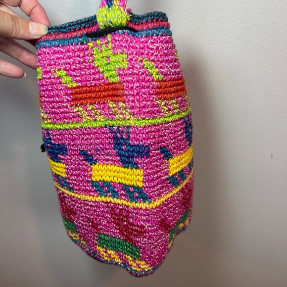 Wayuu Woven Bucket Bag Purse Pink Yellow Wood Bead Animal Print Cinch Close Boho - Picture 11 of 13